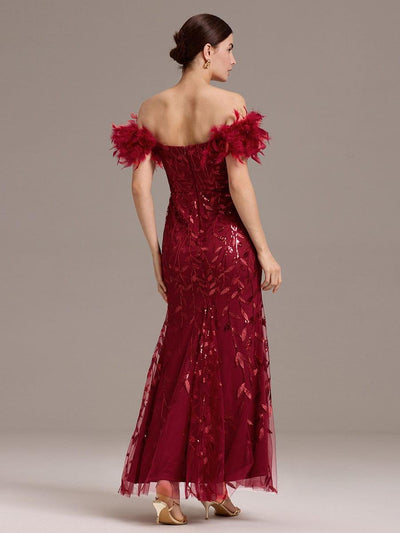 Leaf Sequin Off Shoulder High Slit Feather Evening Dress #color_Burgundy