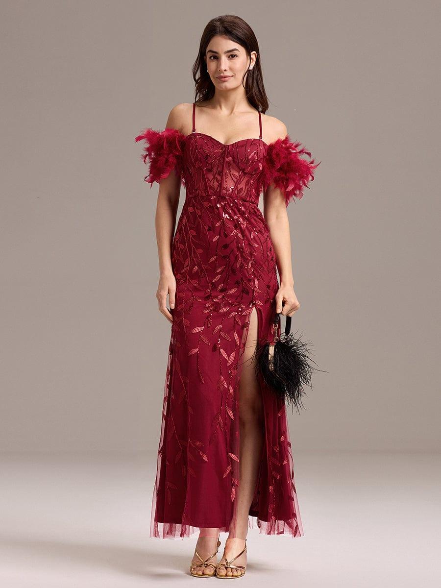 Leaf Sequin Off Shoulder High Slit Feather Evening Dress #color_Burgundy