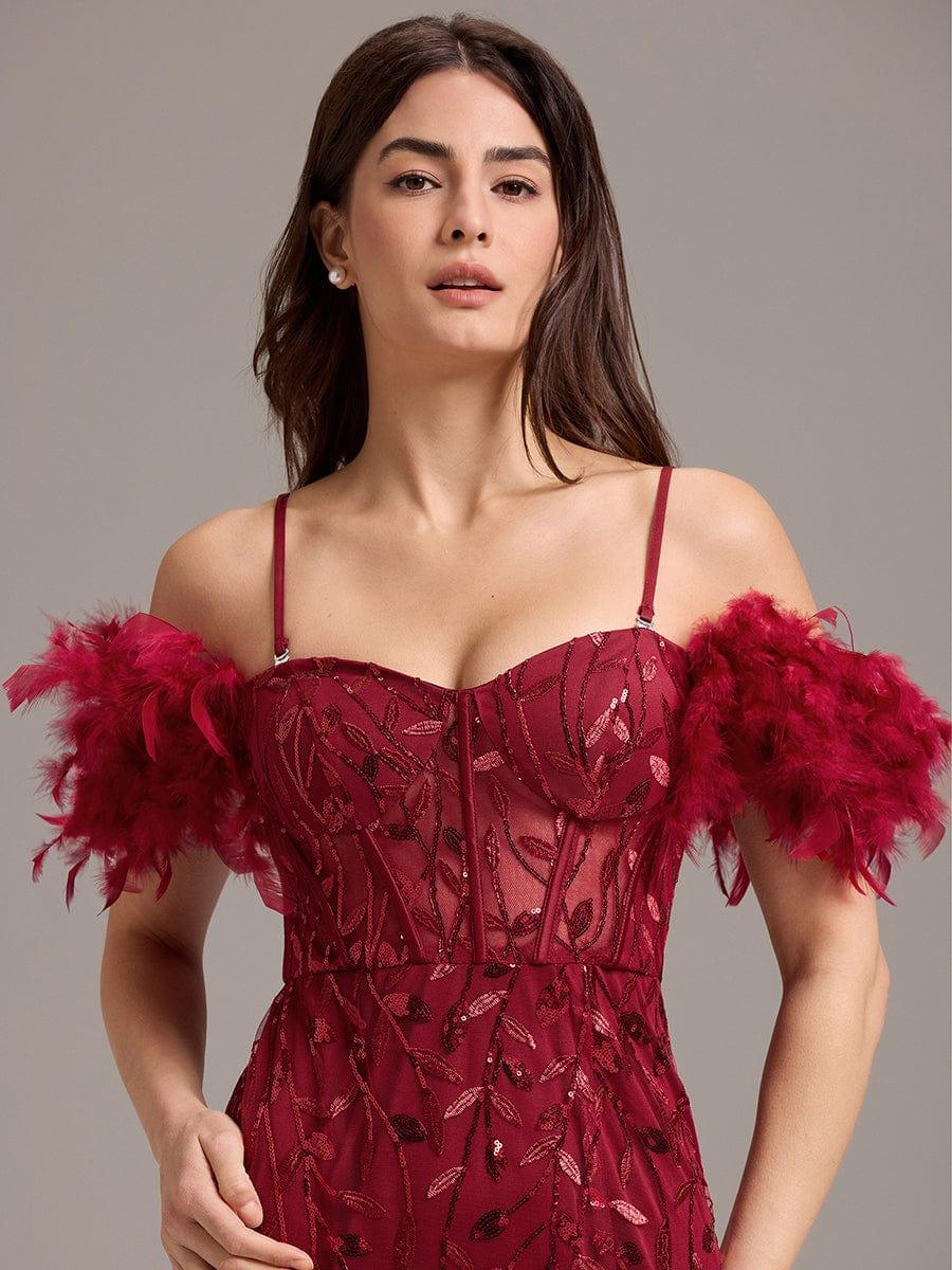 Leaf Sequin Off Shoulder High Slit Feather Evening Dress #color_Burgundy