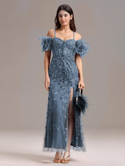 Leaf Sequin Off Shoulder High Slit Feather Evening Dress #color_Dusty Blue