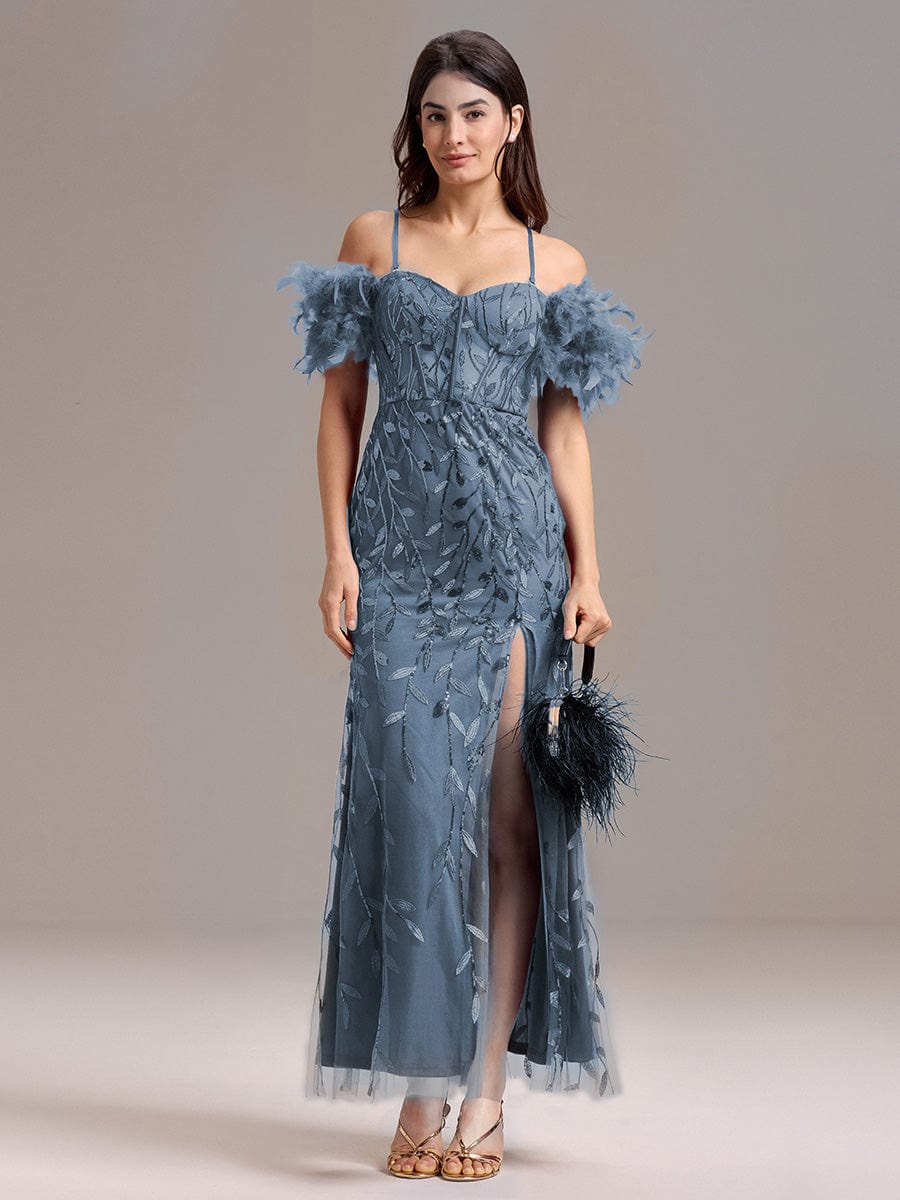 Leaf Sequin Off Shoulder High Slit Feather Evening Dress #color_Dusty Blue