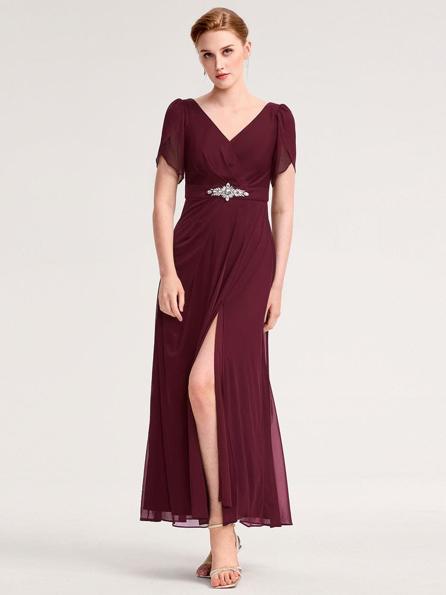 Rhinestone Embellished Chiffon Ruffle Sleeve Evening Dress #color_Burgundy