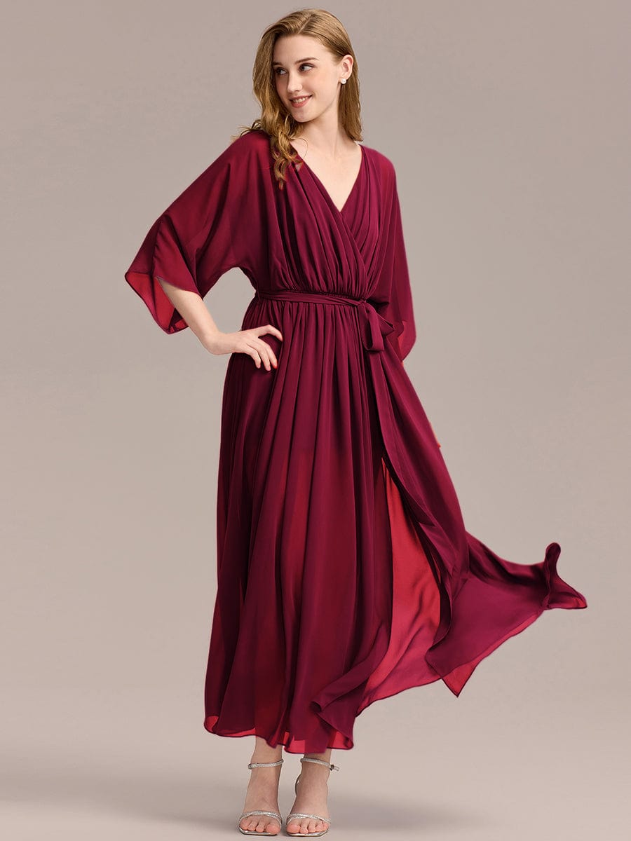 Slit Chiffon Drop Shoulder Sleeve Evening Dress #color_Burgundy
