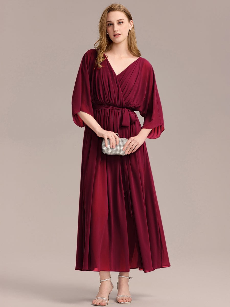 Slit Chiffon Drop Shoulder Sleeve Evening Dress #color_Burgundy