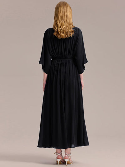Slit Chiffon Drop Shoulder Sleeve Evening Dress #color_Black