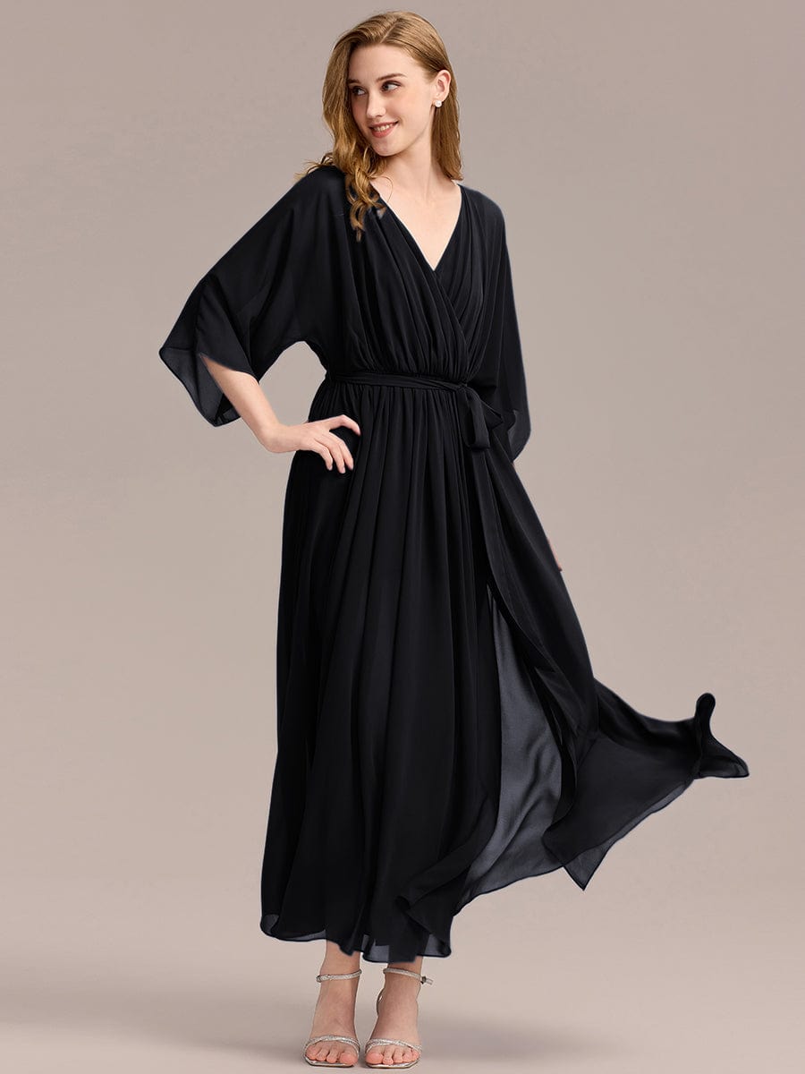 Slit Chiffon Drop Shoulder Sleeve Evening Dress #color_Black