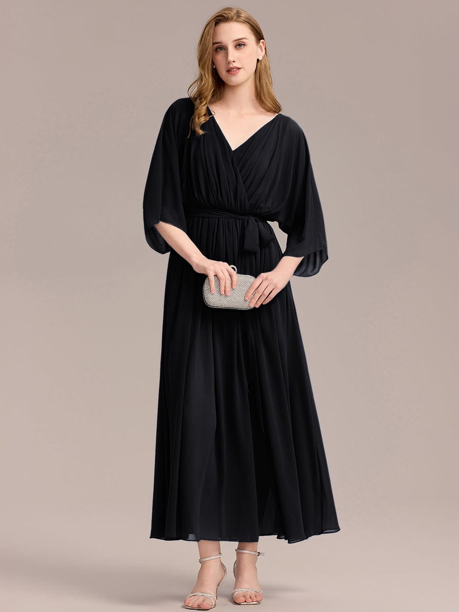 Slit Chiffon Drop Shoulder Sleeve Evening Dress #color_Black
