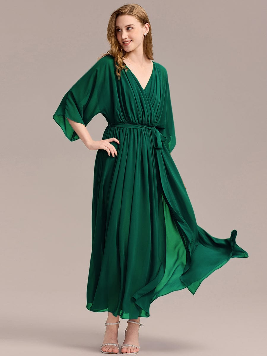 Slit Chiffon Drop Shoulder Sleeve Evening Dress #color_Dark Green