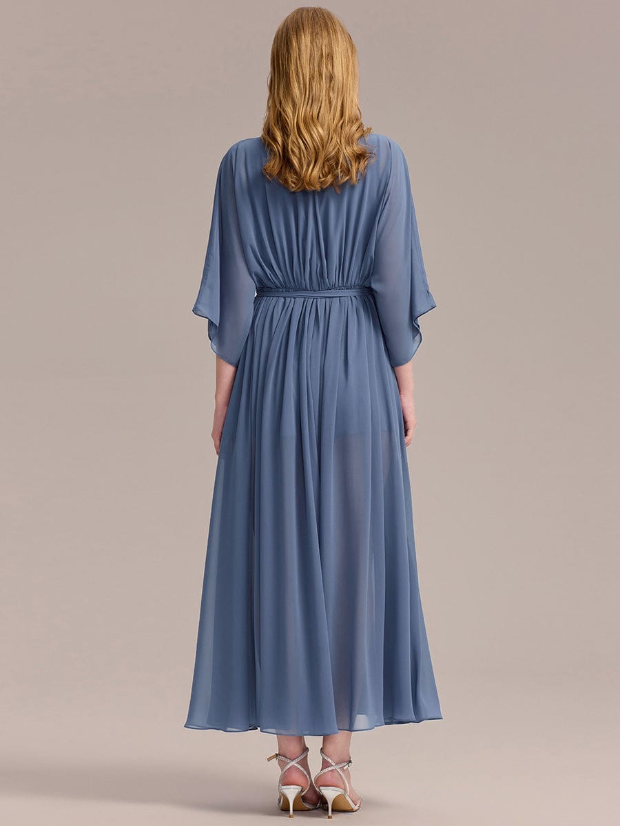 Slit Chiffon Drop Shoulder Sleeve Evening Dress #color_Dusty Blue