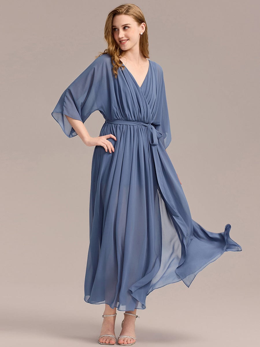 Slit Chiffon Drop Shoulder Sleeve Evening Dress #color_Dusty Blue
