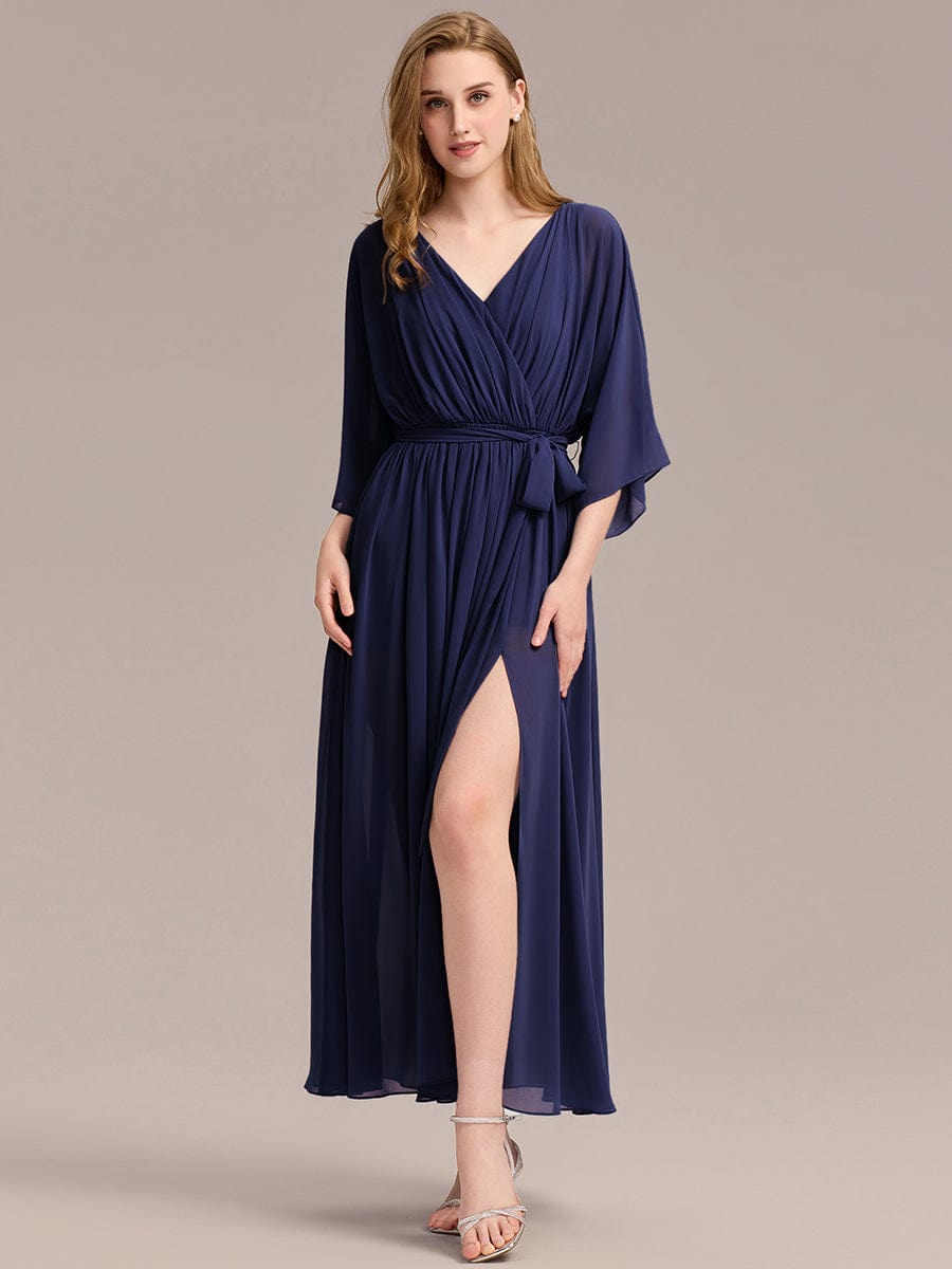 Slit Chiffon Drop Shoulder Sleeve Evening Dress #color_Navy Blue