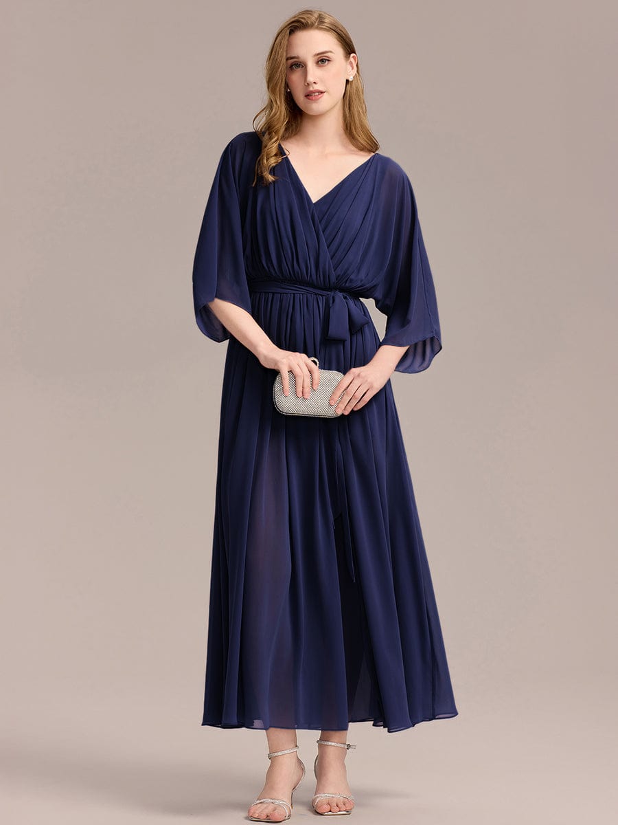 Slit Chiffon Drop Shoulder Sleeve Evening Dress #color_Navy Blue