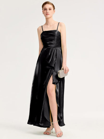 Handkerchief Side Slit Satin Evening Dress #color_Black