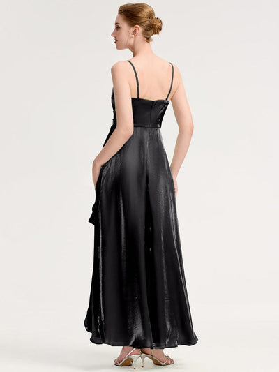 Handkerchief Side Slit Satin Evening Dress #color_Black