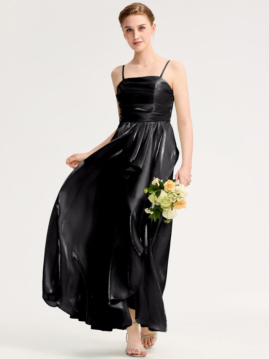 Handkerchief Side Slit Satin Evening Dress #color_Black