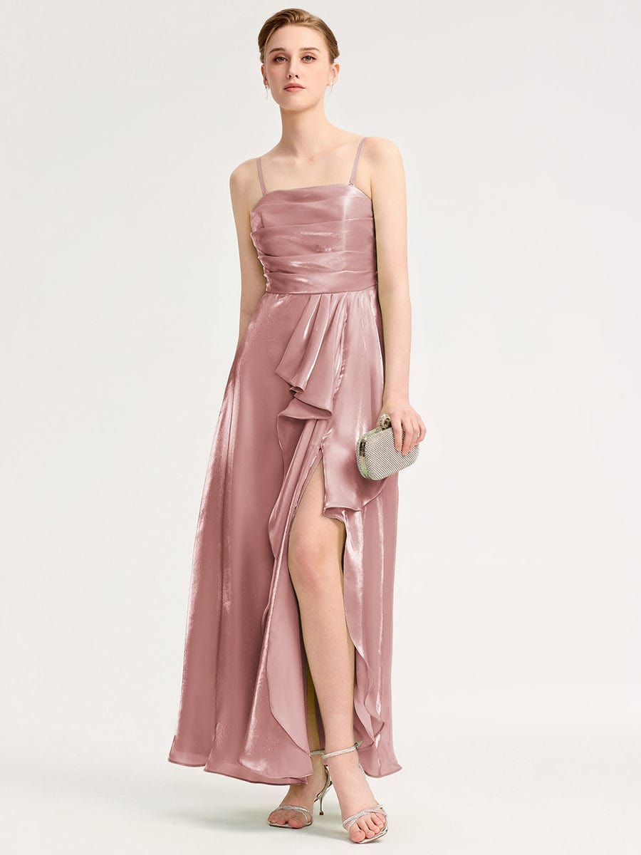 Handkerchief Side Slit Satin Evening Dress #color_Dusty Rose