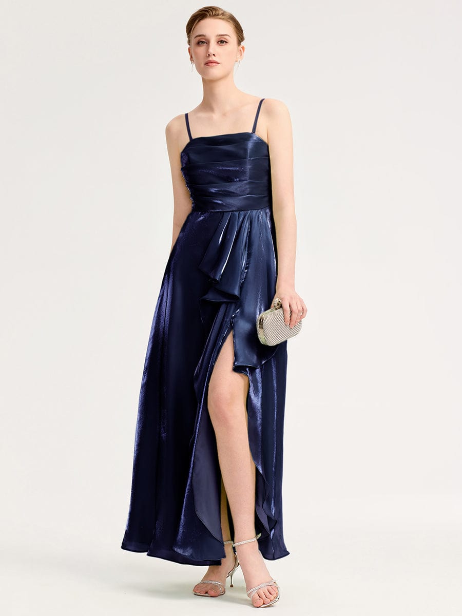Handkerchief Side Slit Satin Evening Dress #color_Navy Blue