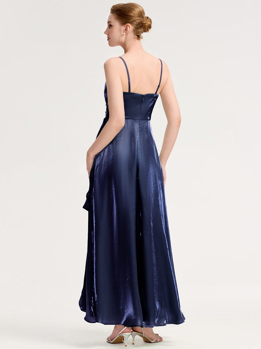 Handkerchief Side Slit Satin Evening Dress #color_Navy Blue