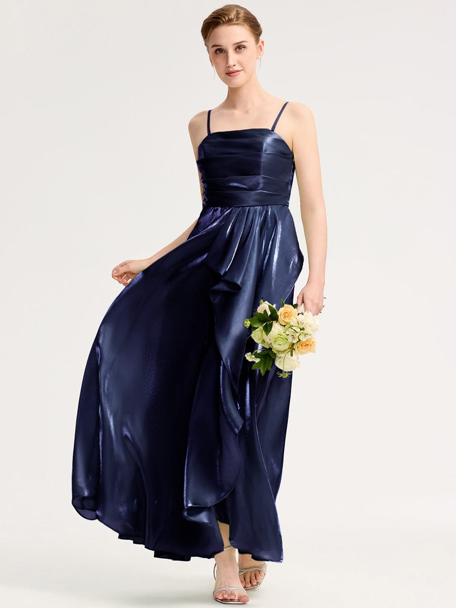 Handkerchief Side Slit Satin Evening Dress #color_Navy Blue