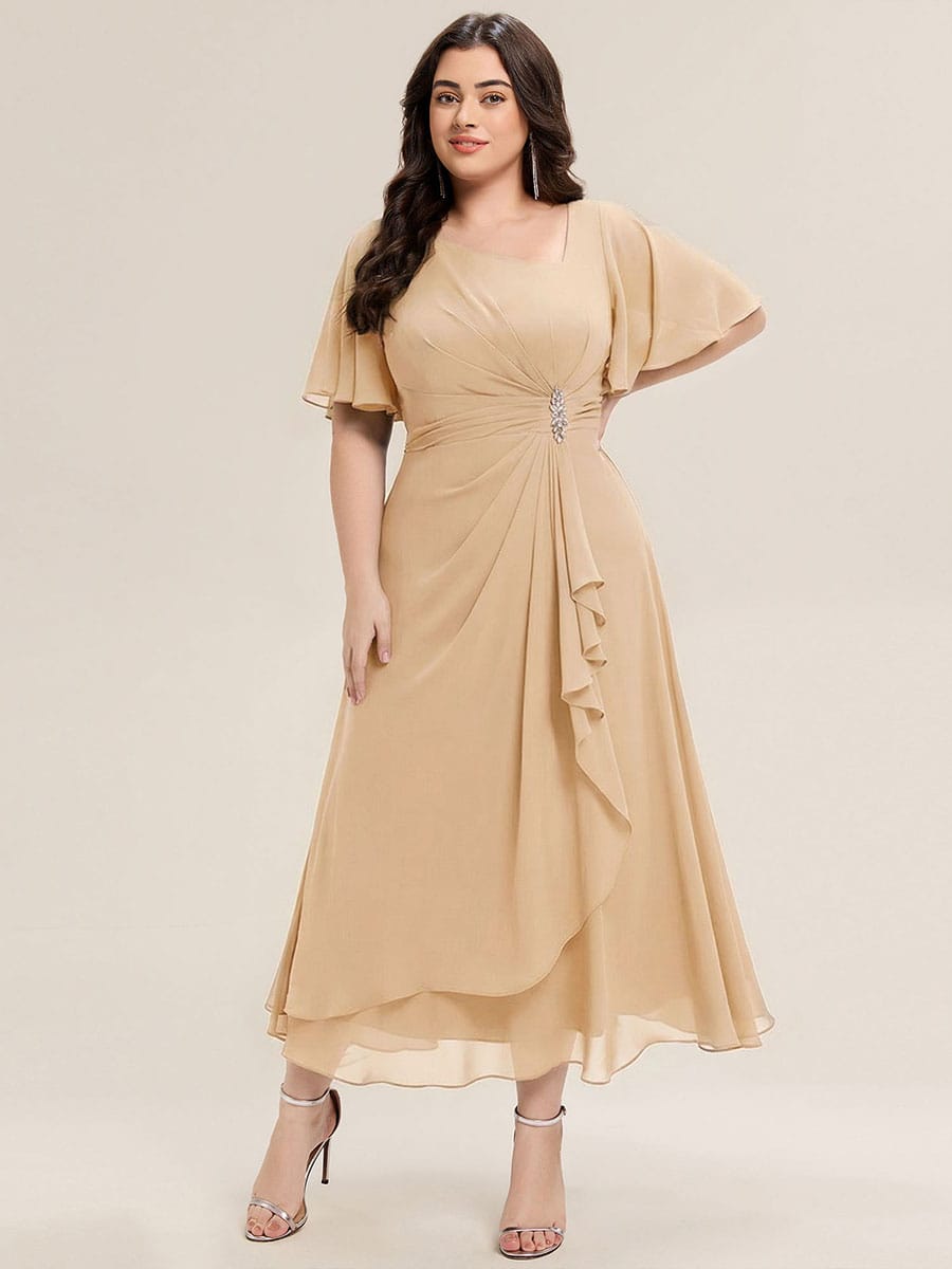Rhinestone Embellished Chiffon Ruffle Sleeve Evening Dress #color_Champagne