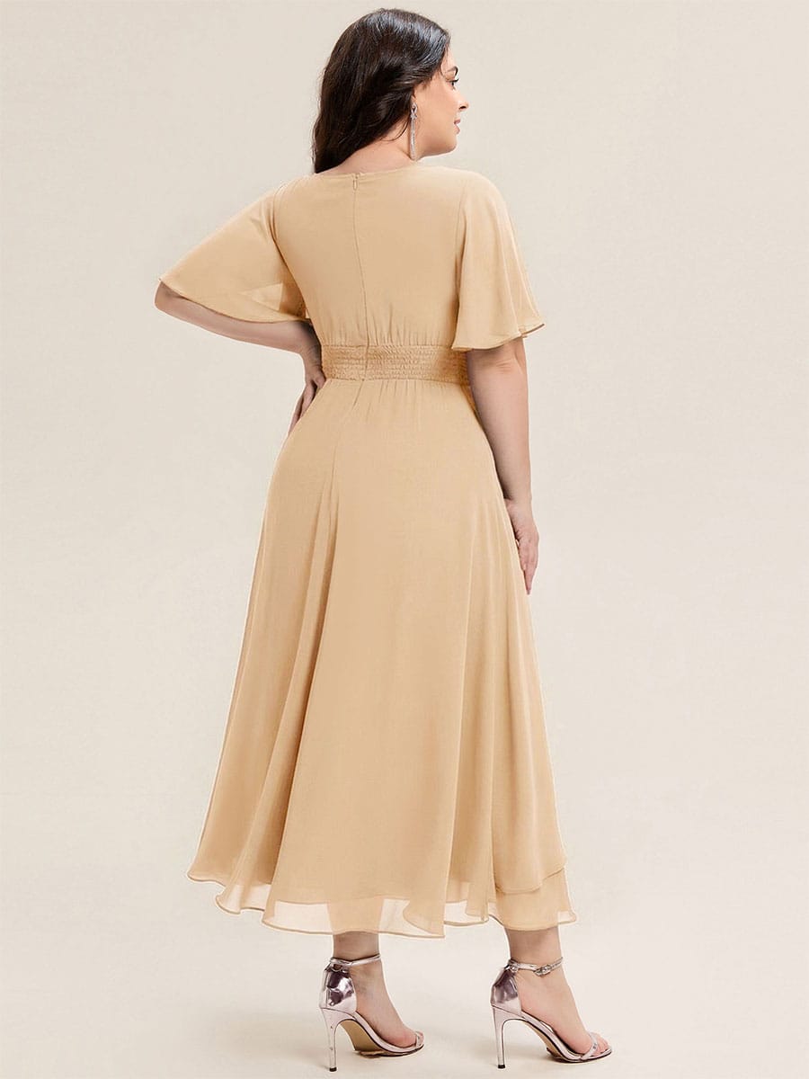 Rhinestone Embellished Chiffon Ruffle Sleeve Evening Dress #color_Champagne
