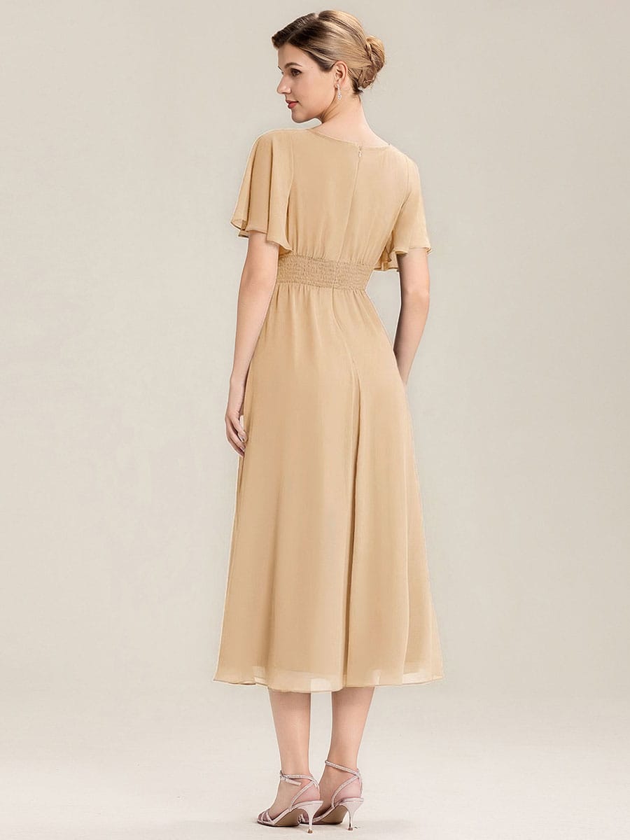 Rhinestone Embellished Chiffon Ruffle Sleeve Evening Dress #color_Champagne