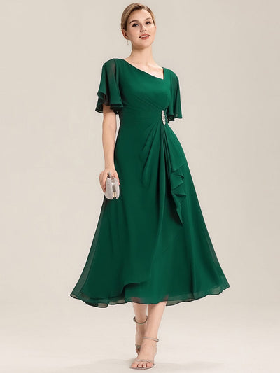 Rhinestone Embellished Chiffon Ruffle Sleeve Evening Dress #color_Dark Green