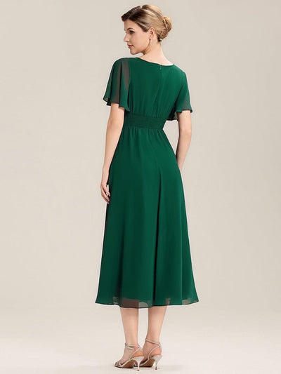 Rhinestone Embellished Chiffon Ruffle Sleeve Evening Dress #color_Dark Green