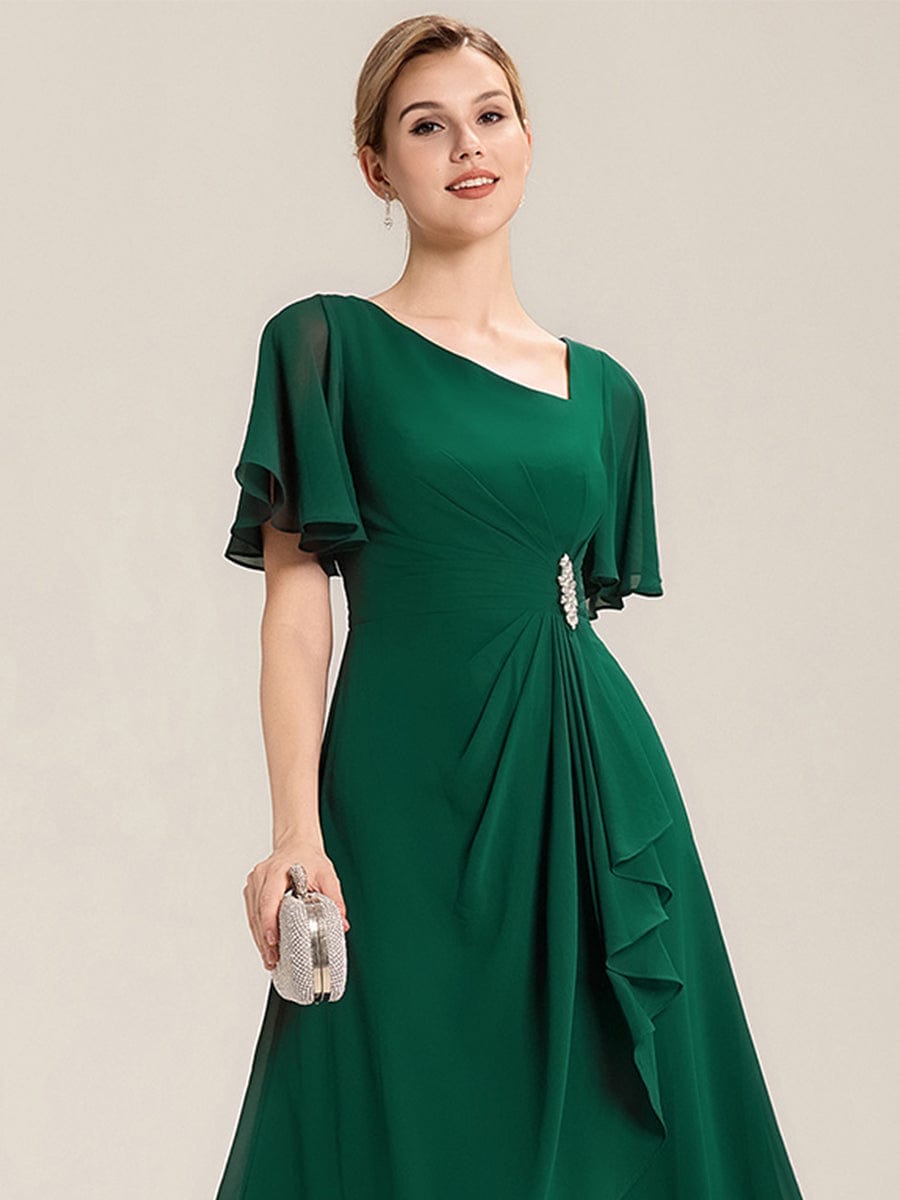 Rhinestone Embellished Chiffon Ruffle Sleeve Evening Dress #color_Dark Green
