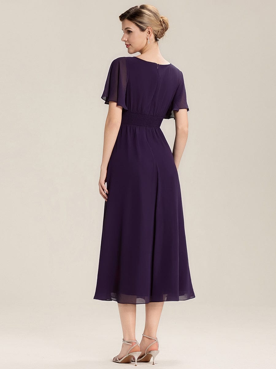 Rhinestone Embellished Chiffon Ruffle Sleeve Evening Dress #color_Dark Purple