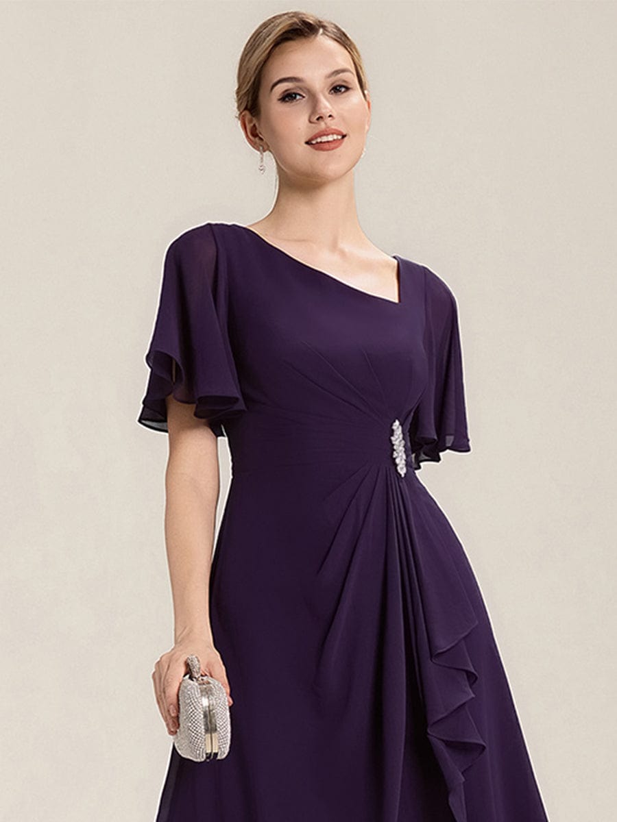 Rhinestone Embellished Chiffon Ruffle Sleeve Evening Dress #color_Dark Purple