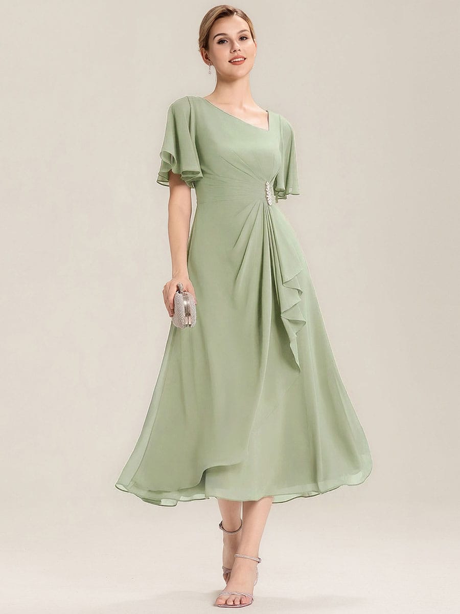 Rhinestone Embellished Chiffon Ruffle Sleeve Evening Dress #color_Mint Green