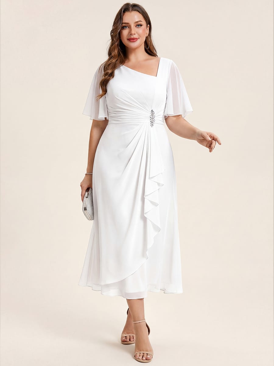 Rhinestone Embellished Chiffon Ruffle Sleeve Evening Dress #color_White