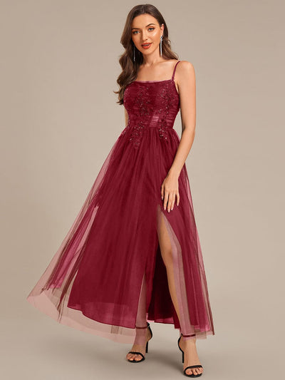Applique Mesh Sleeveless Evening Dress #color_Burgundy