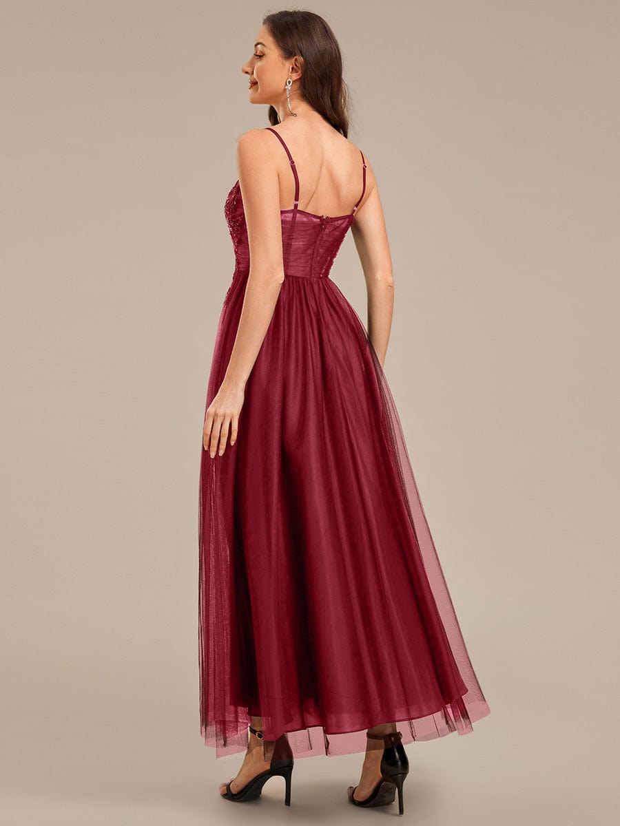 Applique Mesh Sleeveless Evening Dress #color_Burgundy