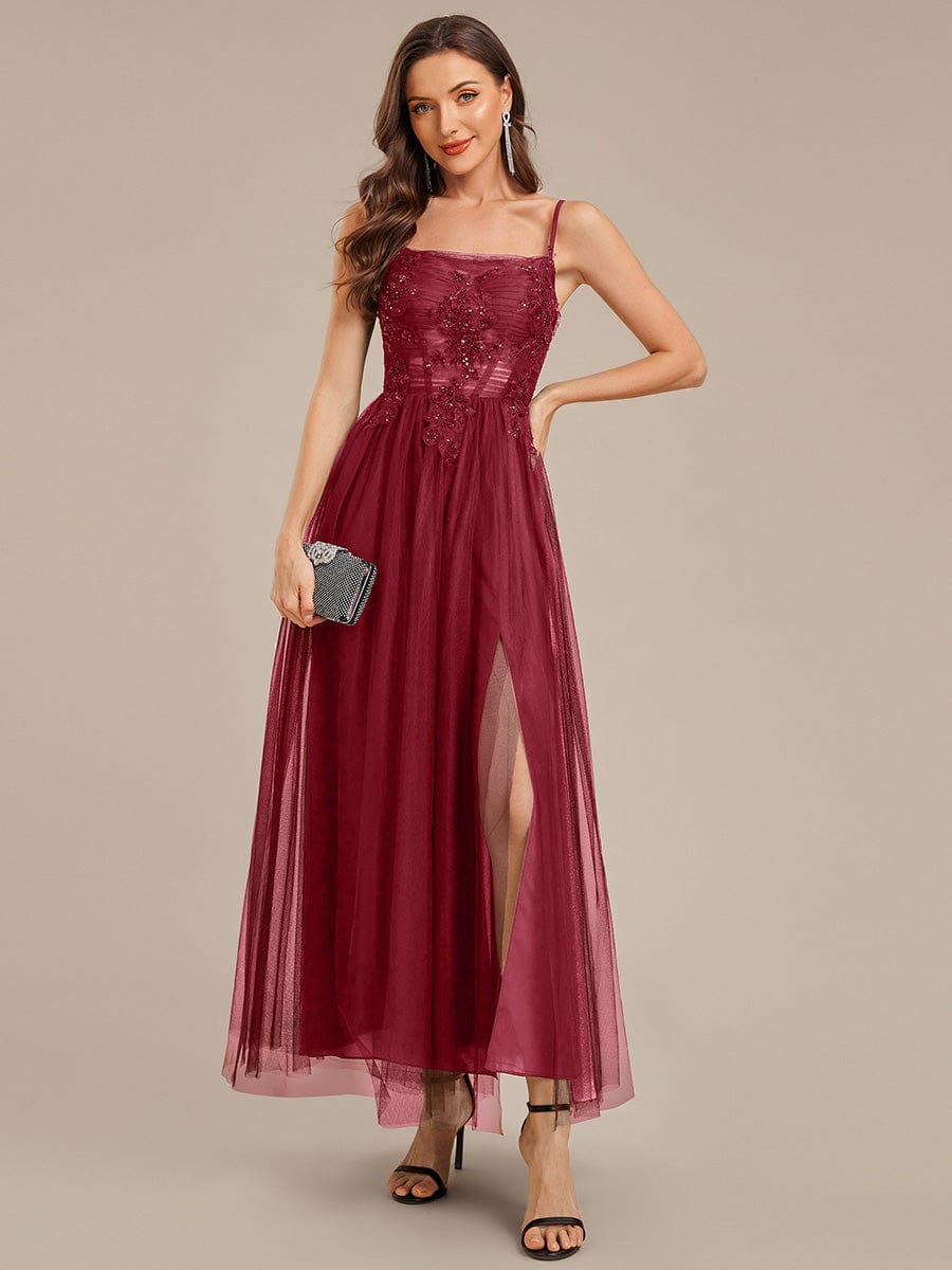 Applique Mesh Sleeveless Evening Dress #color_Burgundy