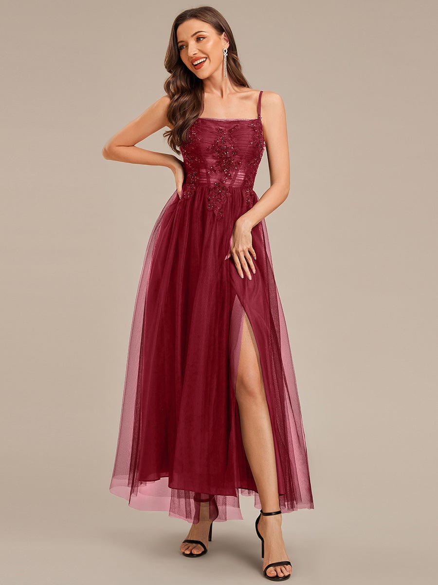 Applique Mesh Sleeveless Evening Dress #color_Burgundy