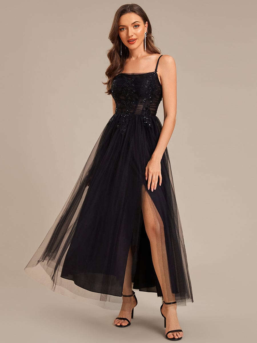 Applique Mesh Sleeveless Evening Dress #color_Black