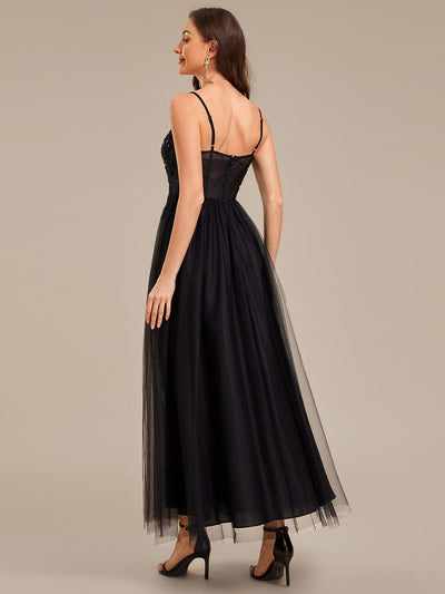 Applique Mesh Sleeveless Evening Dress #color_Black
