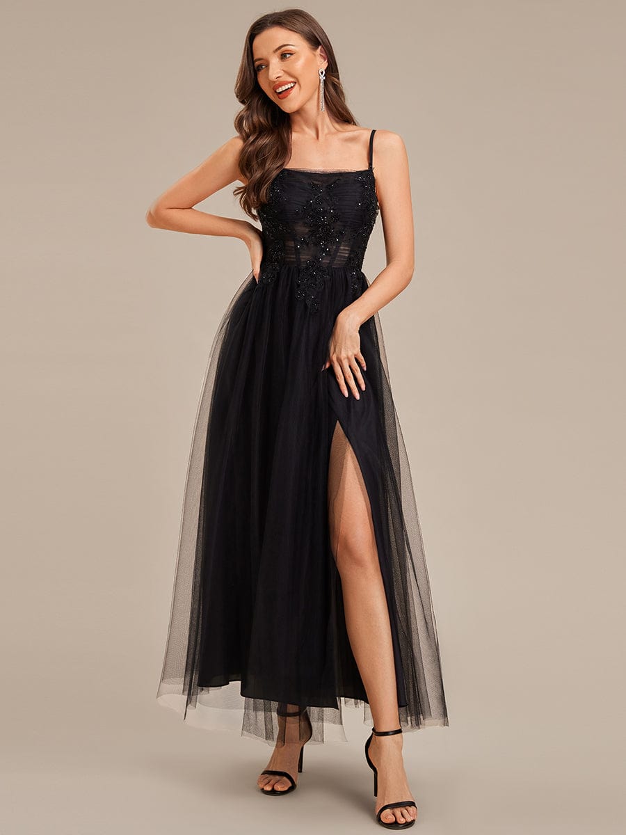 Applique Mesh Sleeveless Evening Dress #color_Black
