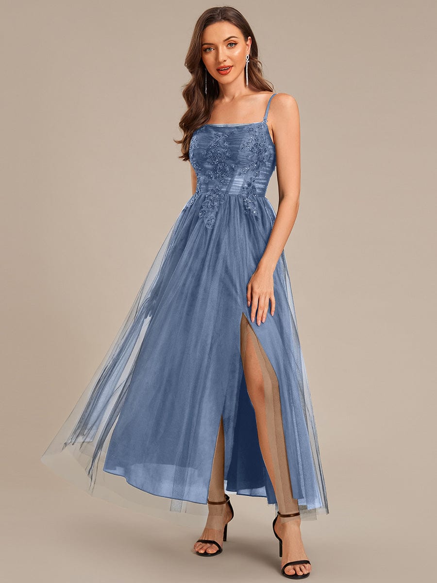 Applique Mesh Sleeveless Evening Dress #color_Dusty Blue