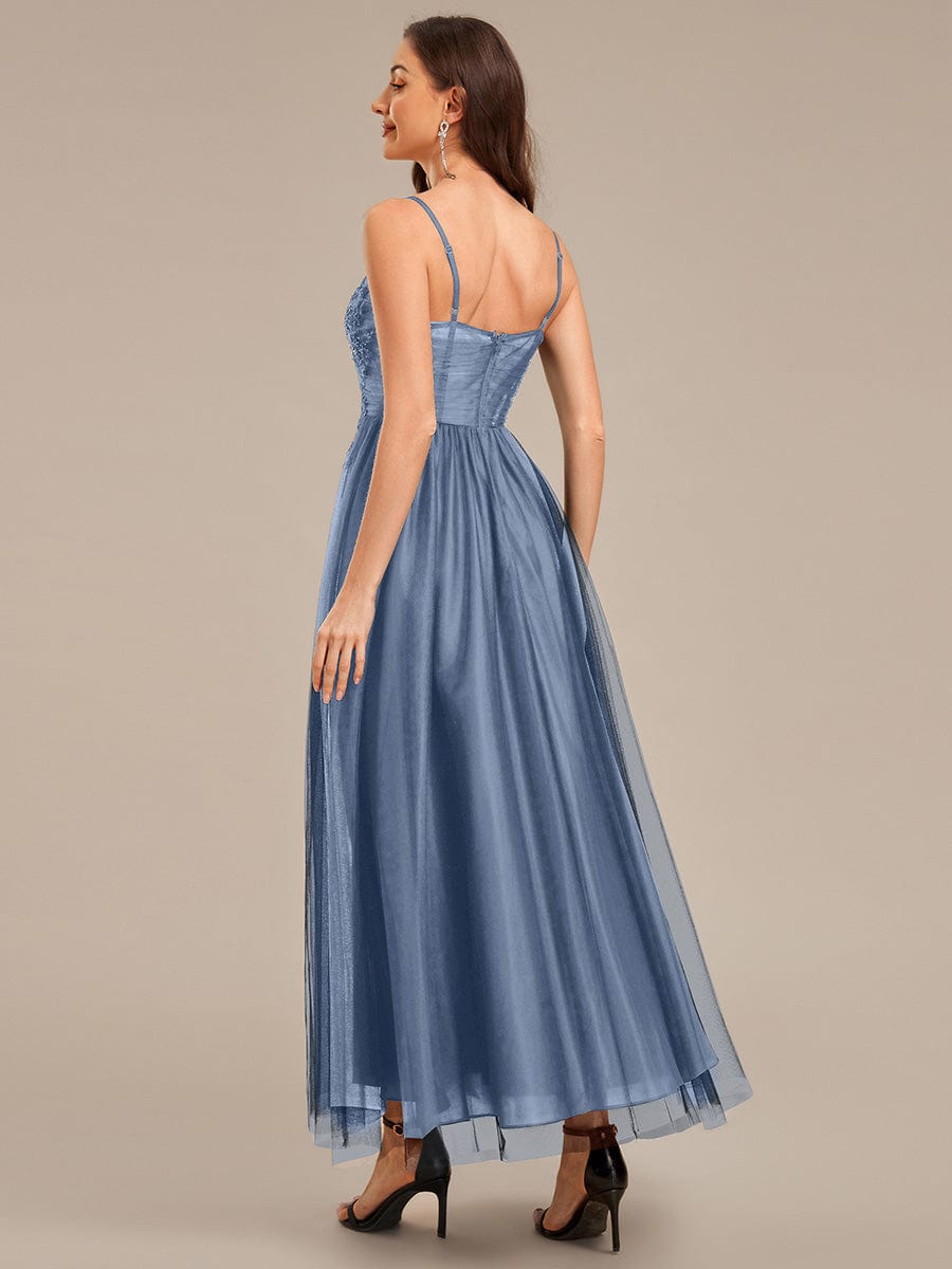 Applique Mesh Sleeveless Evening Dress #color_Dusty Blue