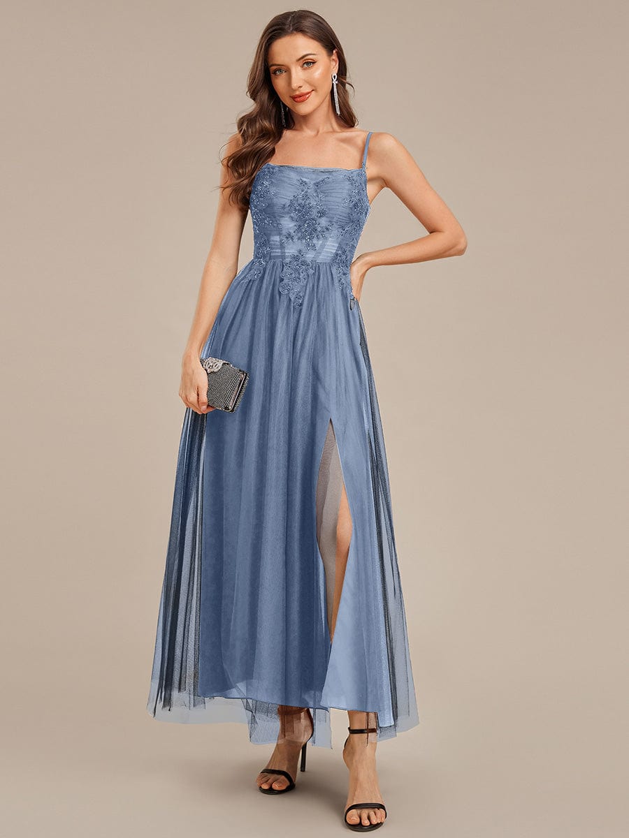 Applique Mesh Sleeveless Evening Dress #color_Dusty Blue