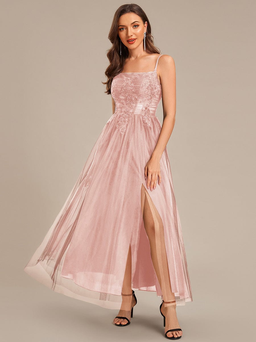 Applique Mesh Sleeveless Evening Dress #color_Pink