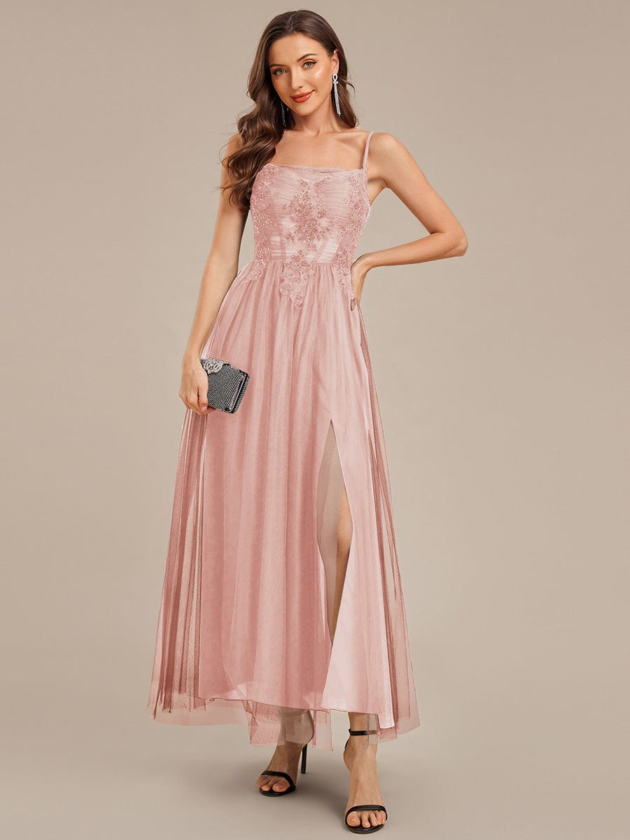 Applique Mesh Sleeveless Evening Dress #color_Pink