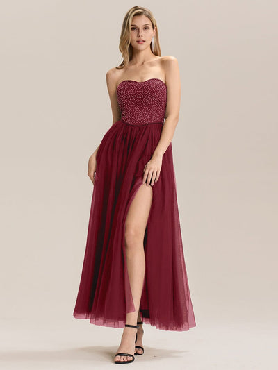 Tie-Front Mesh Sleeveless Evening Dress #color_Burgundy