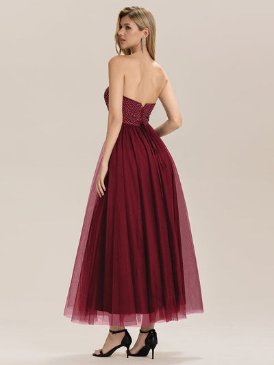 Tie-Front Mesh Sleeveless Evening Dress #color_Burgundy
