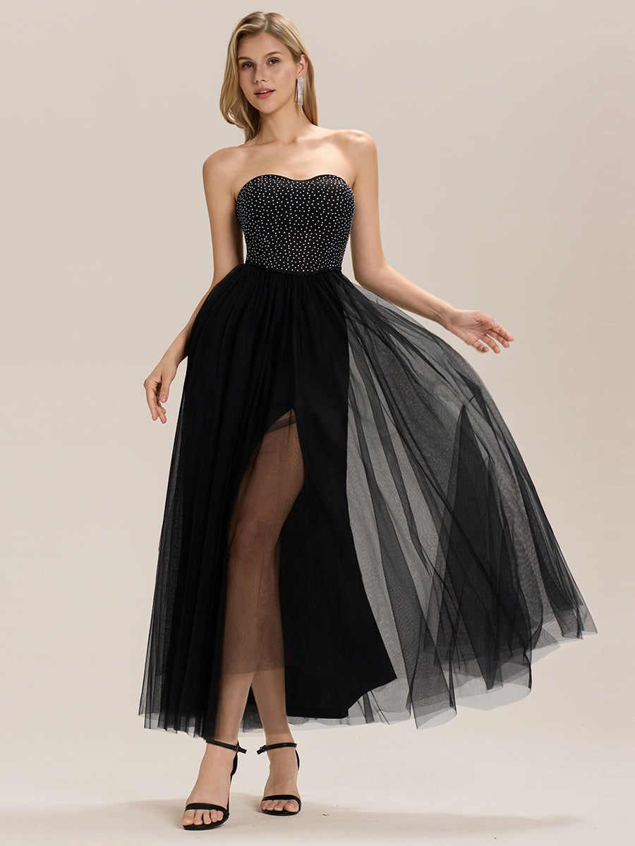 Tie-Front Mesh Sleeveless Evening Dress #color_Black