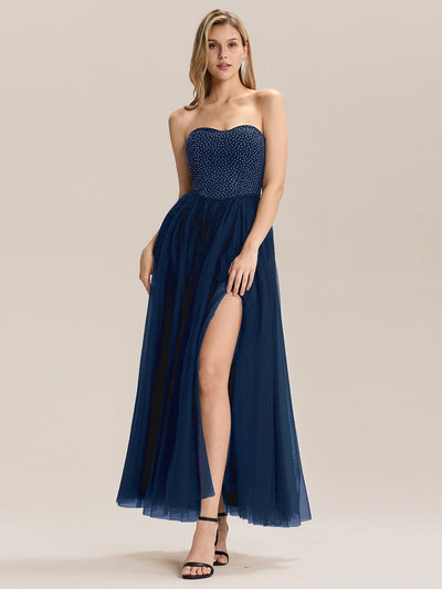 Tie-Front Mesh Sleeveless Evening Dress #color_Navy Blue
