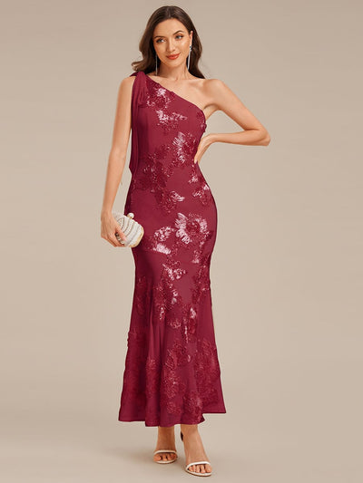 Flowing Ribbons Mesh Sleeveless Evening Dress #color_Burgundy